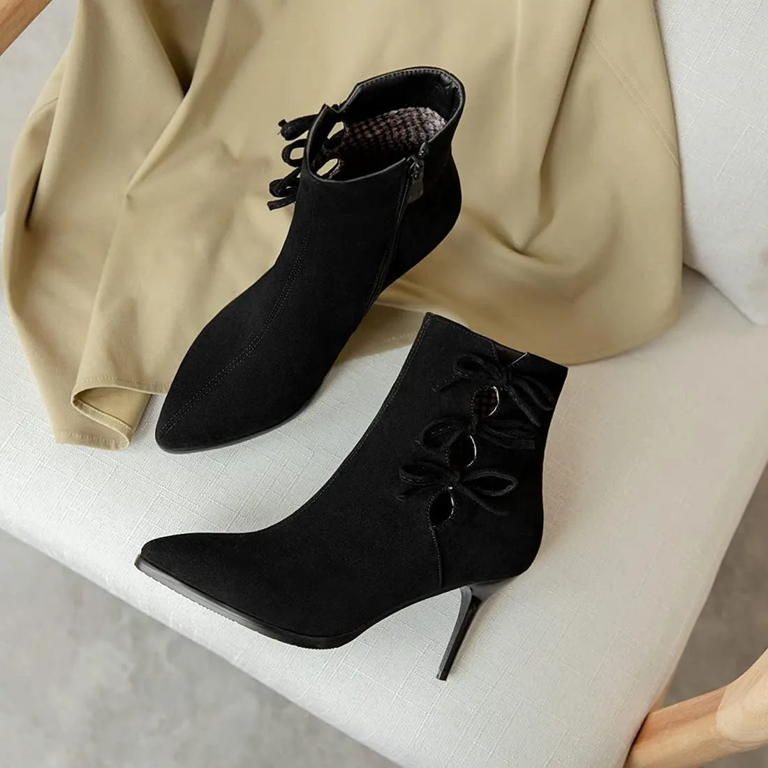 VOKLIN Women's Pointed Toe Elegant Dressy Ankle Boots Fashion Bowtie Stilettos High Heel Dress Short Booties