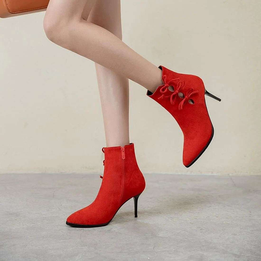 VOKLIN Women's Pointed Toe Elegant Dressy Ankle Boots Fashion Bowtie Stilettos High Heel Dress Short Booties