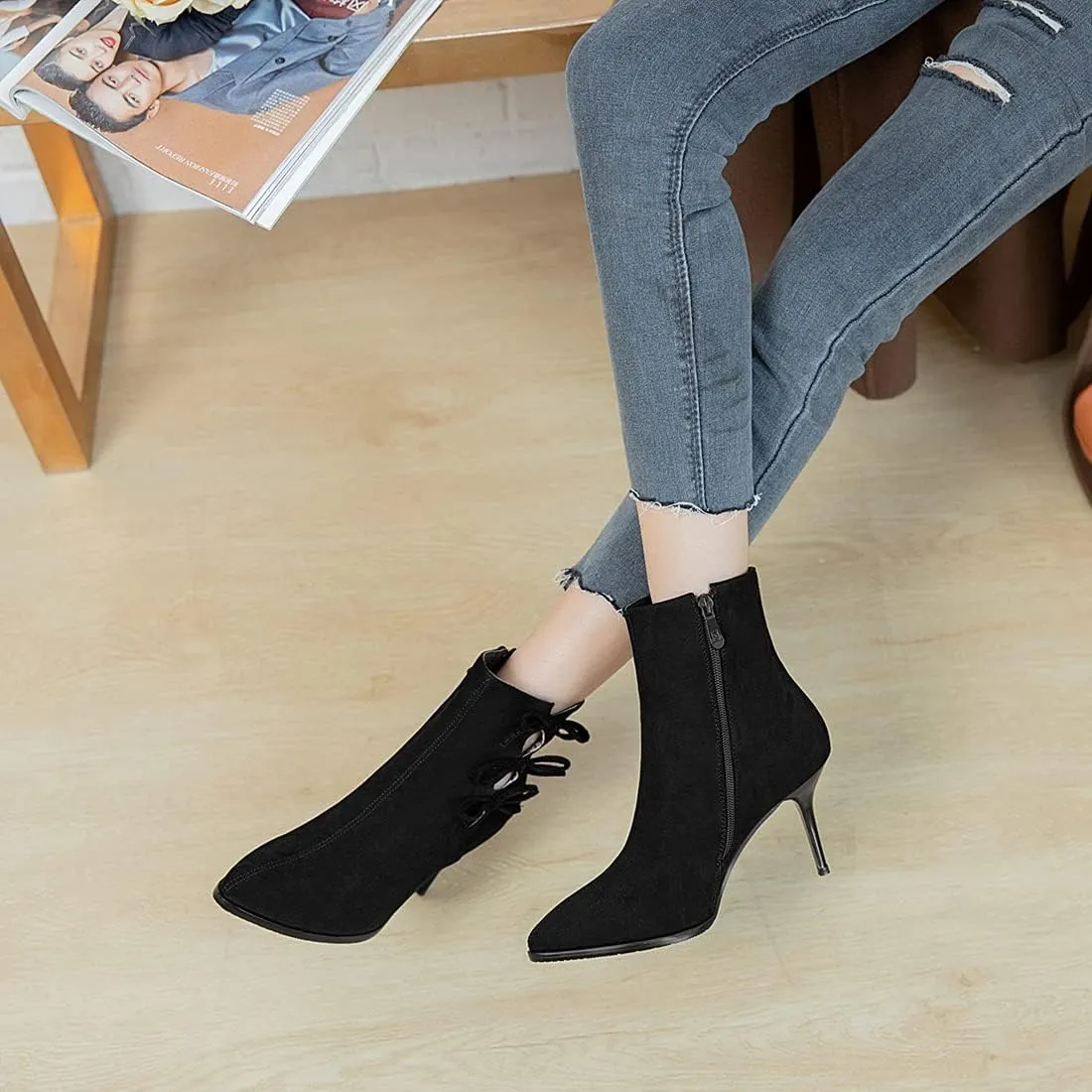 VOKLIN Women's Pointed Toe Elegant Dressy Ankle Boots Fashion Bowtie Stilettos High Heel Dress Short Booties