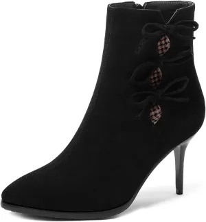 VOKLIN Women's Pointed Toe Elegant Dressy Ankle Boots Fashion Bowtie Stilettos High Heel Dress Short Booties