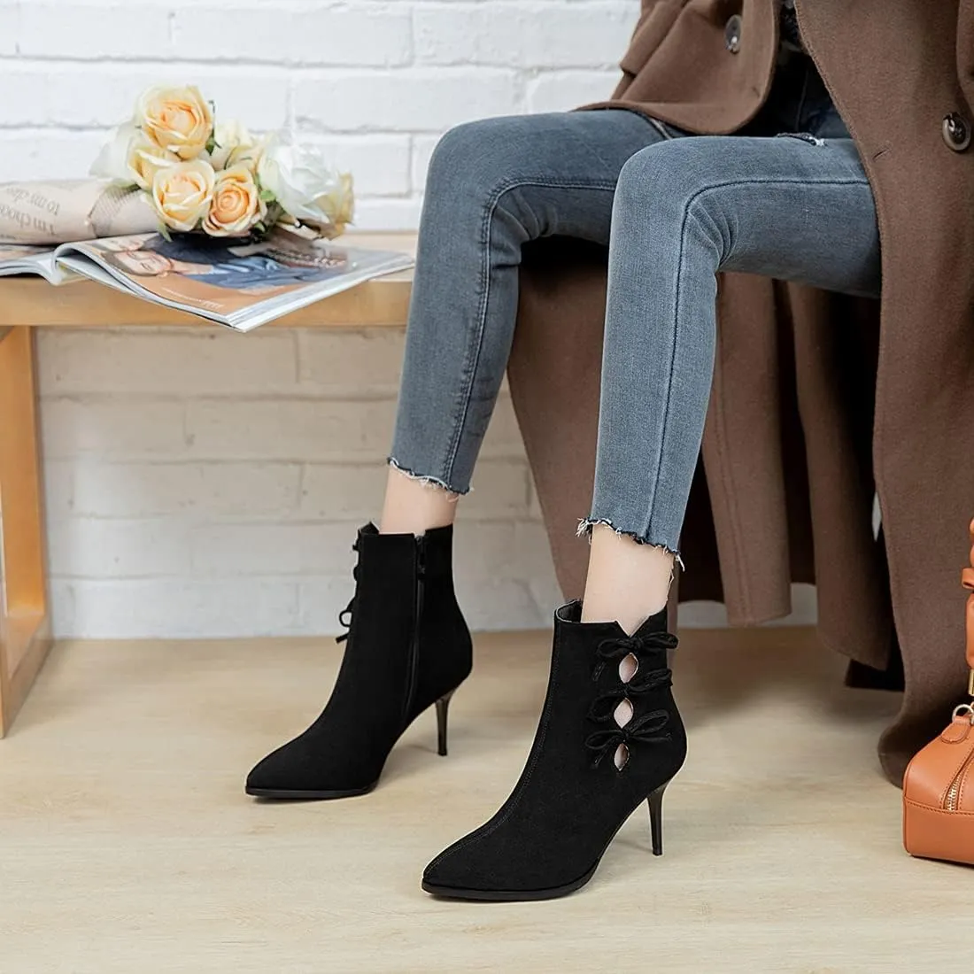 VOKLIN Women's Pointed Toe Elegant Dressy Ankle Boots Fashion Bowtie Stilettos High Heel Dress Short Booties