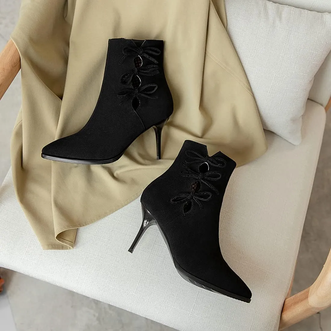 VOKLIN Women's Pointed Toe Elegant Dressy Ankle Boots Fashion Bowtie Stilettos High Heel Dress Short Booties