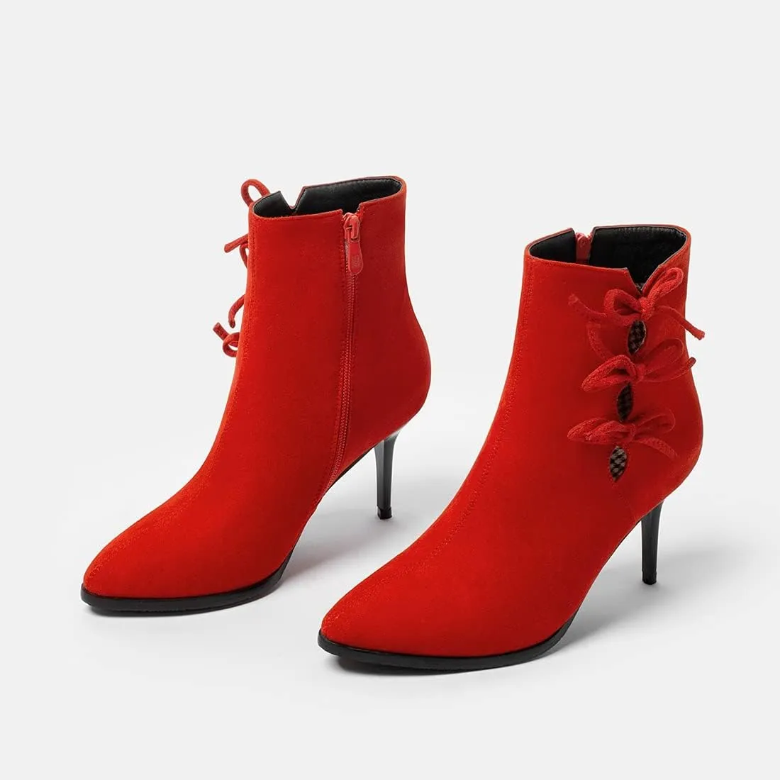 VOKLIN Women's Pointed Toe Elegant Dressy Ankle Boots Fashion Bowtie Stilettos High Heel Dress Short Booties