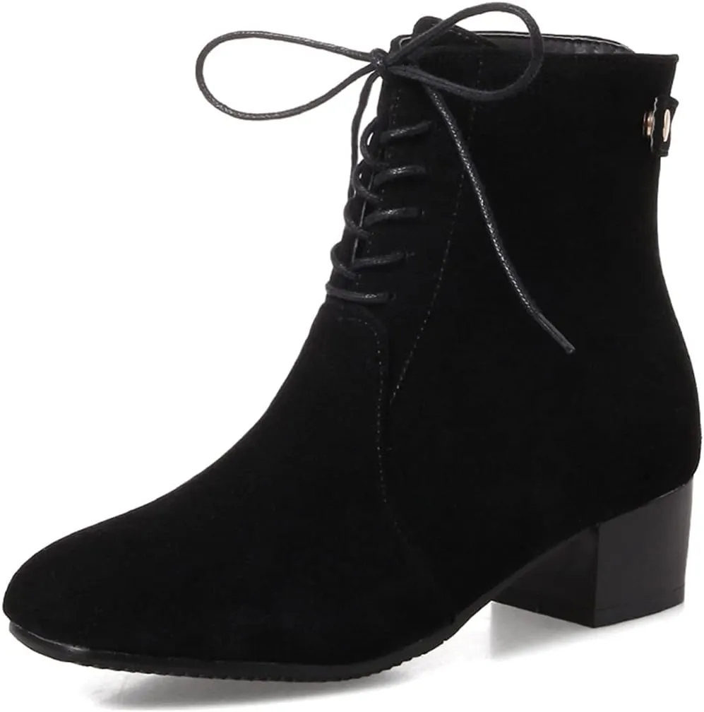 VOKLIN Women's Square Toe Elegant Dressy Ankle Boots Vegan Suede Lace Up Block Low Heel Dress Short Booties