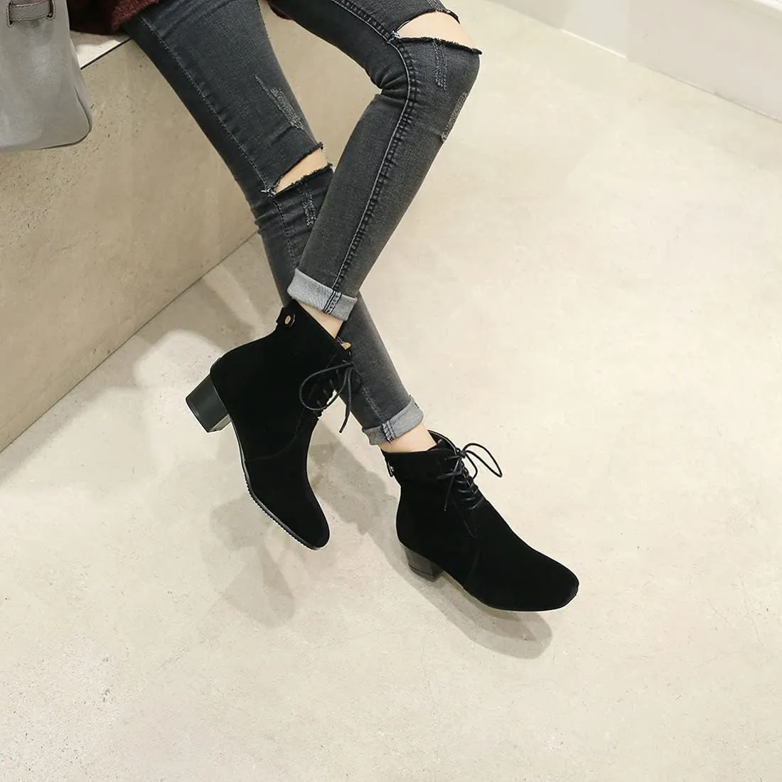 VOKLIN Women's Square Toe Elegant Dressy Ankle Boots Vegan Suede Lace Up Block Low Heel Dress Short Booties