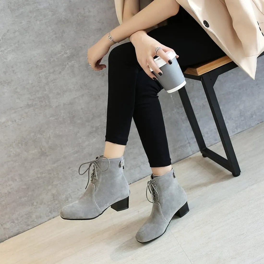 VOKLIN Women's Square Toe Elegant Dressy Ankle Boots Vegan Suede Lace Up Block Low Heel Dress Short Booties