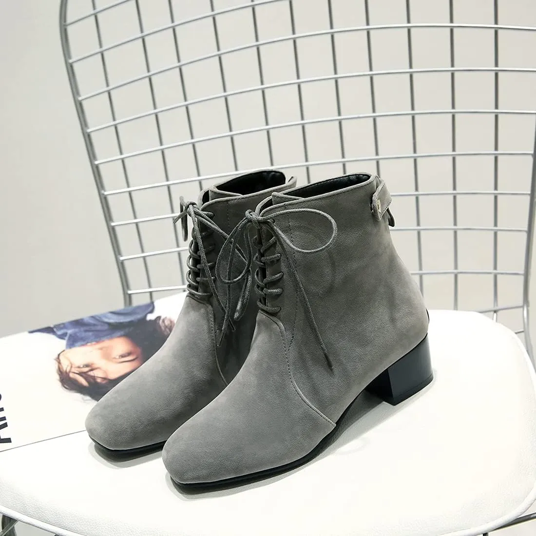 VOKLIN Women's Square Toe Elegant Dressy Ankle Boots Vegan Suede Lace Up Block Low Heel Dress Short Booties