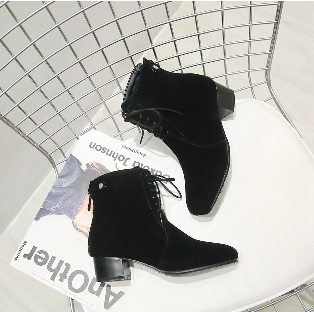 VOKLIN Women's Square Toe Elegant Dressy Ankle Boots Vegan Suede Lace Up Block Low Heel Dress Short Booties