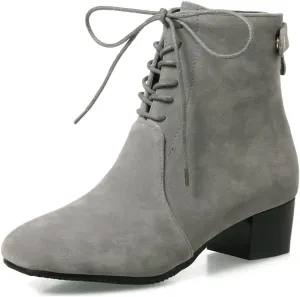VOKLIN Women's Square Toe Elegant Dressy Ankle Boots Vegan Suede Lace Up Block Low Heel Dress Short Booties