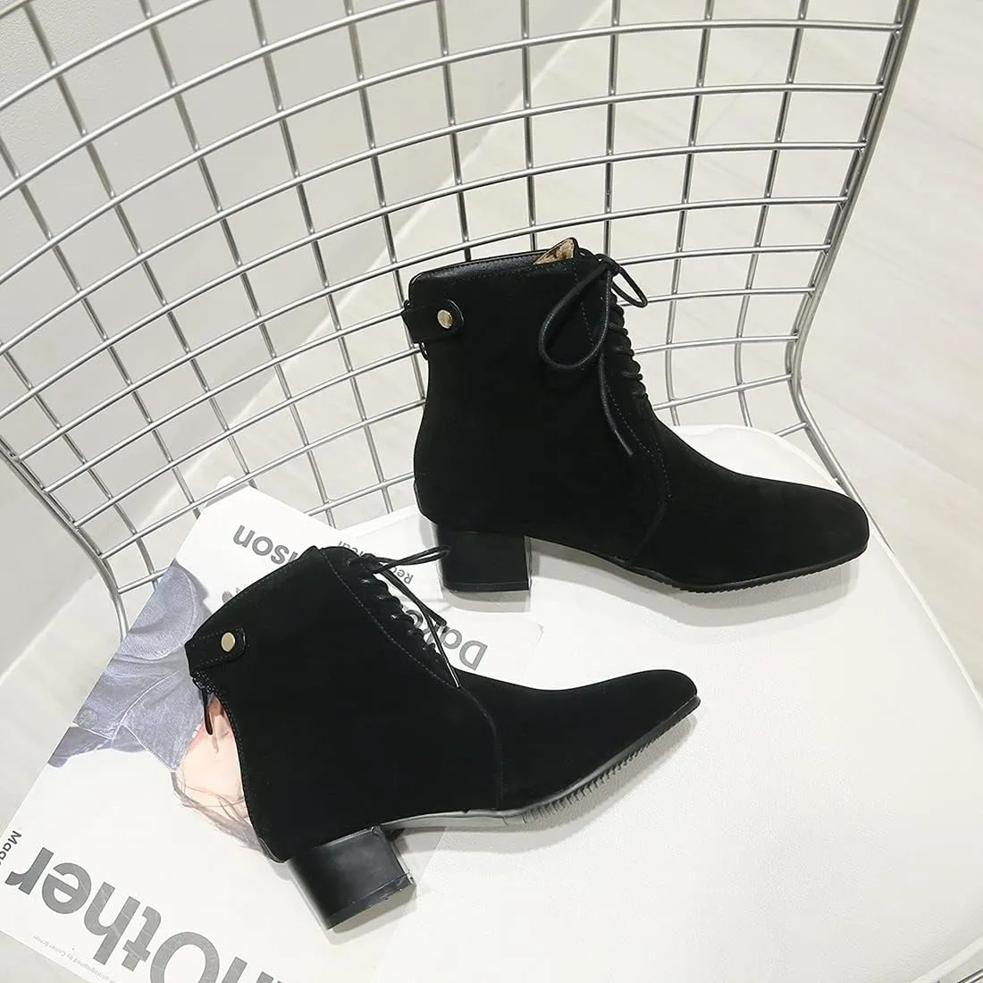 VOKLIN Women's Square Toe Elegant Dressy Ankle Boots Vegan Suede Lace Up Block Low Heel Dress Short Booties