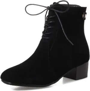 VOKLIN Women's Square Toe Elegant Dressy Ankle Boots Vegan Suede Lace Up Block Low Heel Dress Short Booties