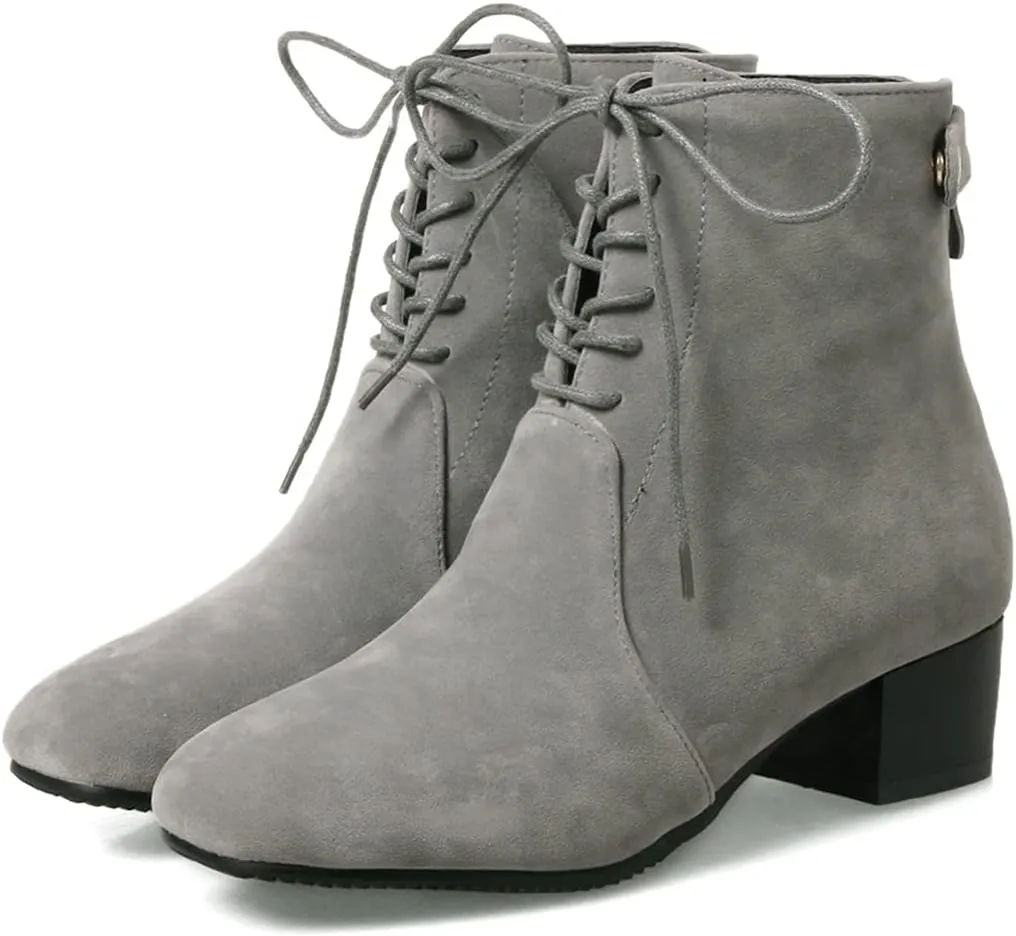 VOKLIN Women's Square Toe Elegant Dressy Ankle Boots Vegan Suede Lace Up Block Low Heel Dress Short Booties