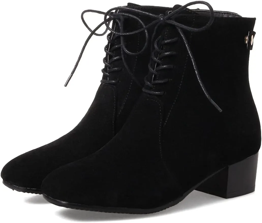 VOKLIN Women's Square Toe Elegant Dressy Ankle Boots Vegan Suede Lace Up Block Low Heel Dress Short Booties