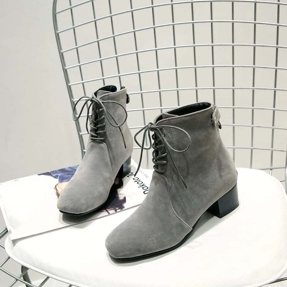 VOKLIN Women's Square Toe Elegant Dressy Ankle Boots Vegan Suede Lace Up Block Low Heel Dress Short Booties