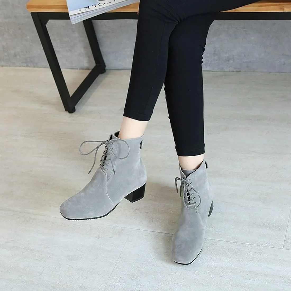 VOKLIN Women's Square Toe Elegant Dressy Ankle Boots Vegan Suede Lace Up Block Low Heel Dress Short Booties