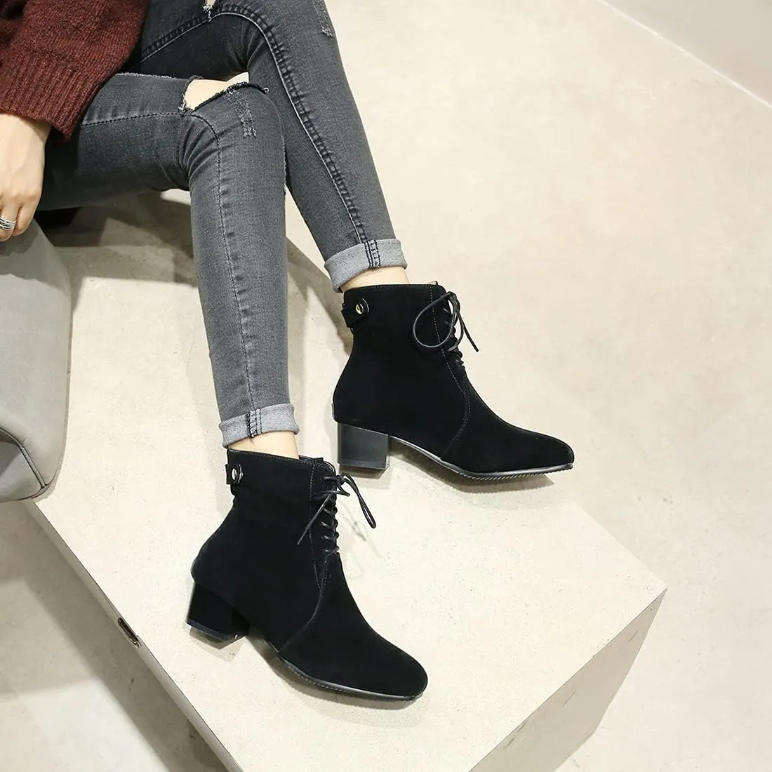 VOKLIN Women's Square Toe Elegant Dressy Ankle Boots Vegan Suede Lace Up Block Low Heel Dress Short Booties