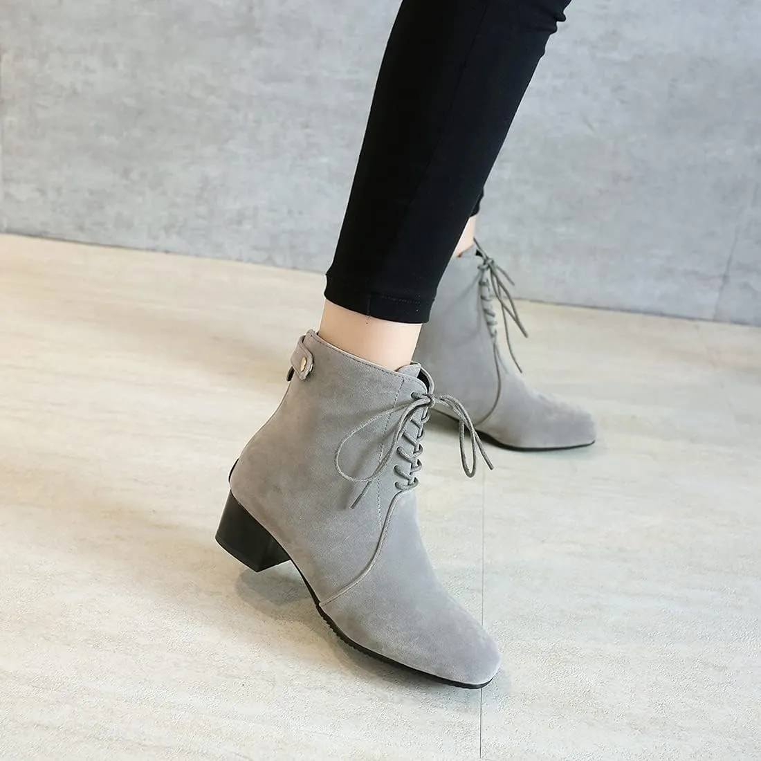 VOKLIN Women's Square Toe Elegant Dressy Ankle Boots Vegan Suede Lace Up Block Low Heel Dress Short Booties
