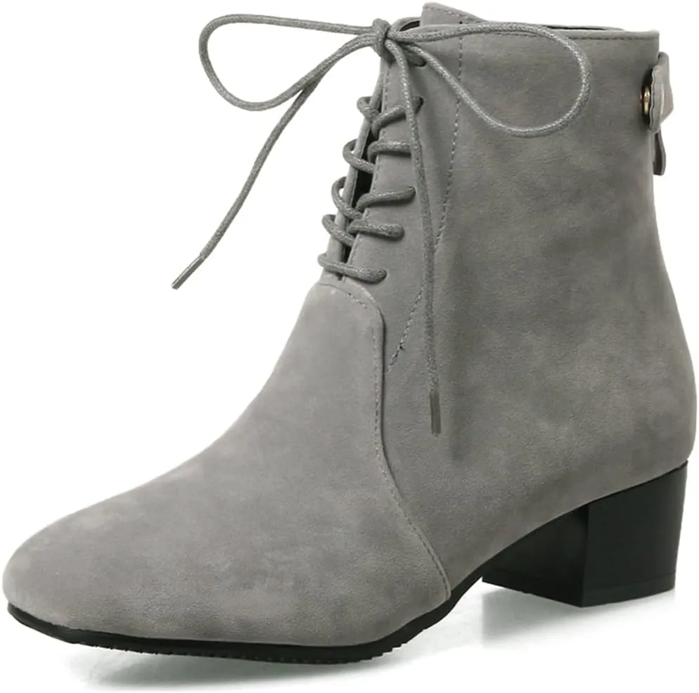 VOKLIN Women's Square Toe Elegant Dressy Ankle Boots Vegan Suede Lace Up Block Low Heel Dress Short Booties