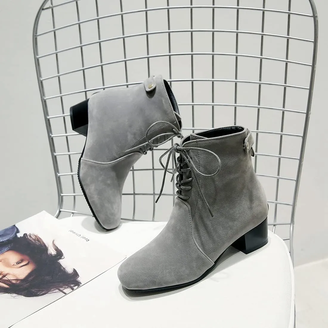 VOKLIN Women's Square Toe Elegant Dressy Ankle Boots Vegan Suede Lace Up Block Low Heel Dress Short Booties