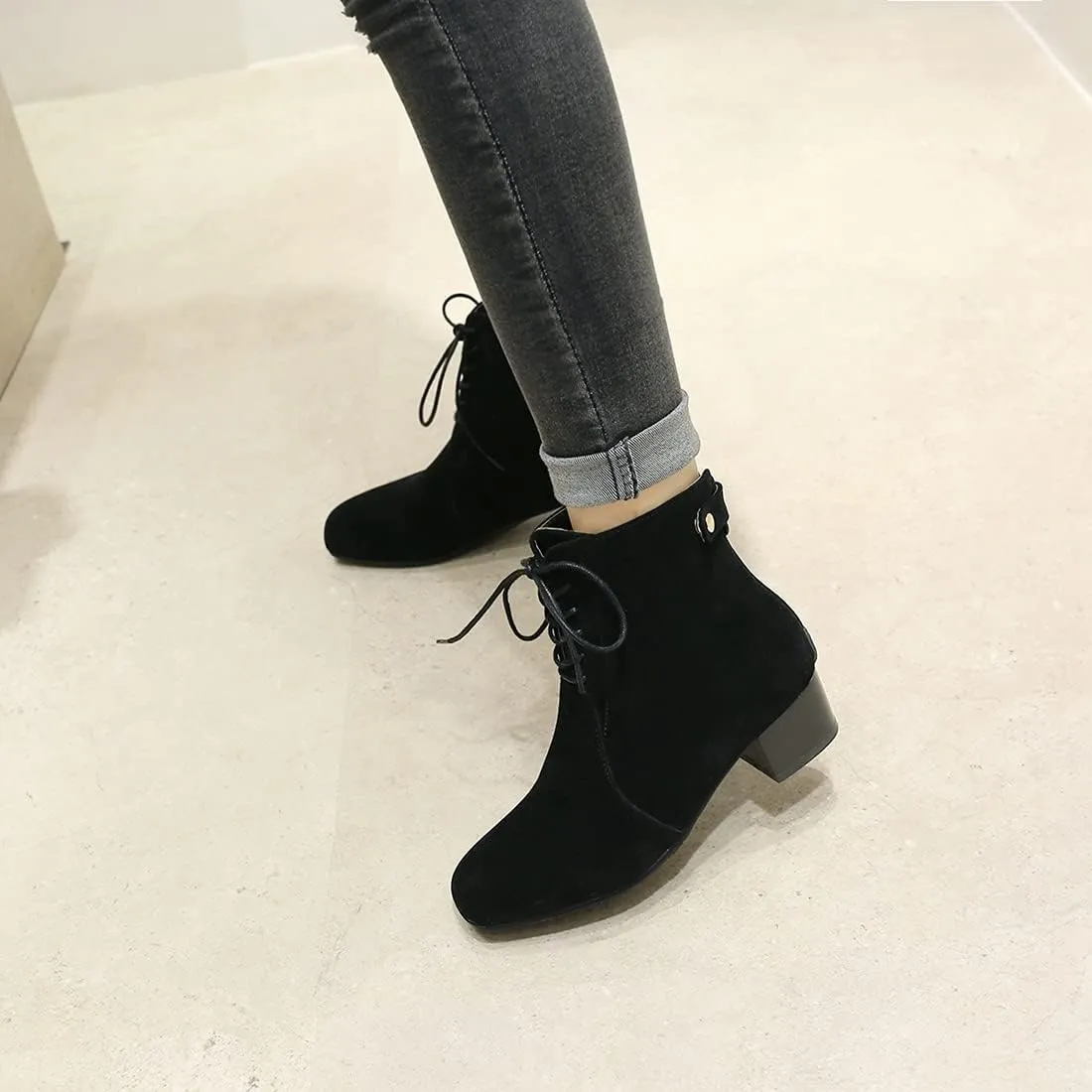 VOKLIN Women's Square Toe Elegant Dressy Ankle Boots Vegan Suede Lace Up Block Low Heel Dress Short Booties