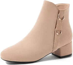 VOKLIN Women's Square Toe Elegant Dressy Ankle Boots Vegan Suede Zipper Block Low Heel Dress Short Booties
