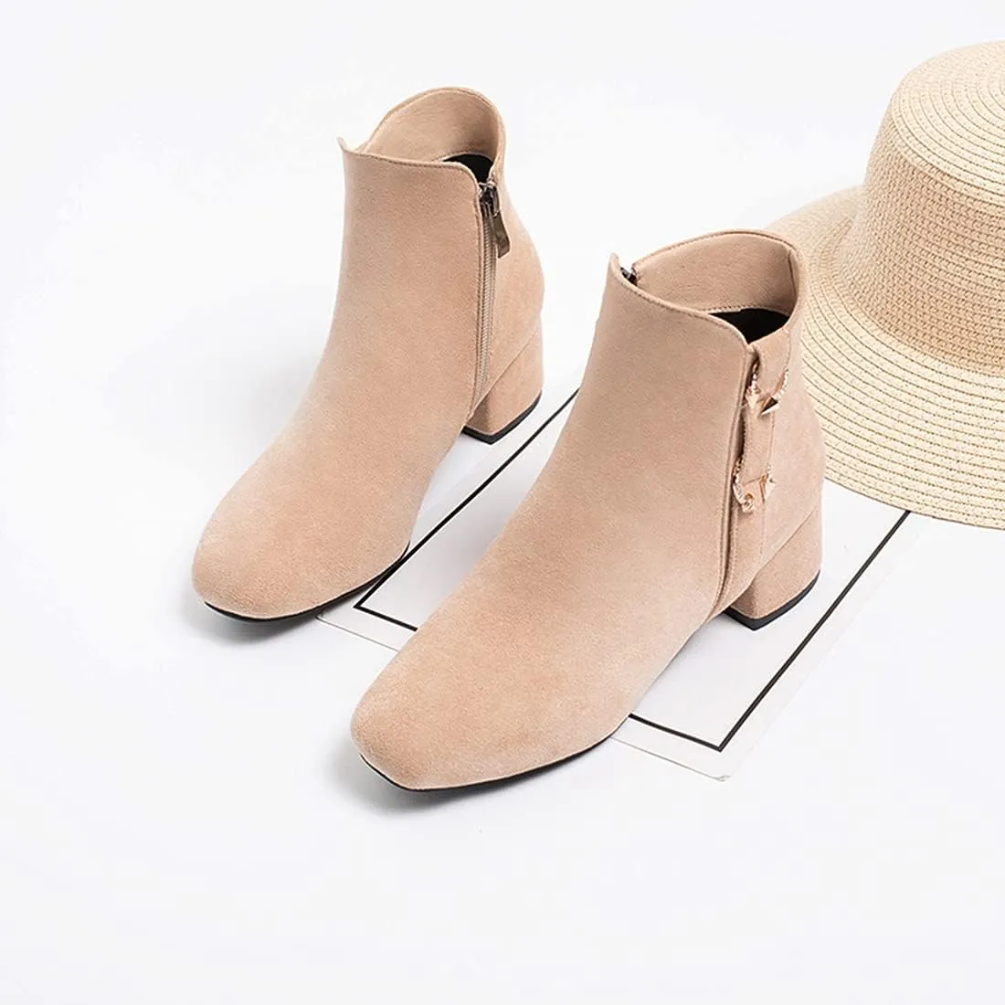 VOKLIN Women's Square Toe Elegant Dressy Ankle Boots Vegan Suede Zipper Block Low Heel Dress Short Booties