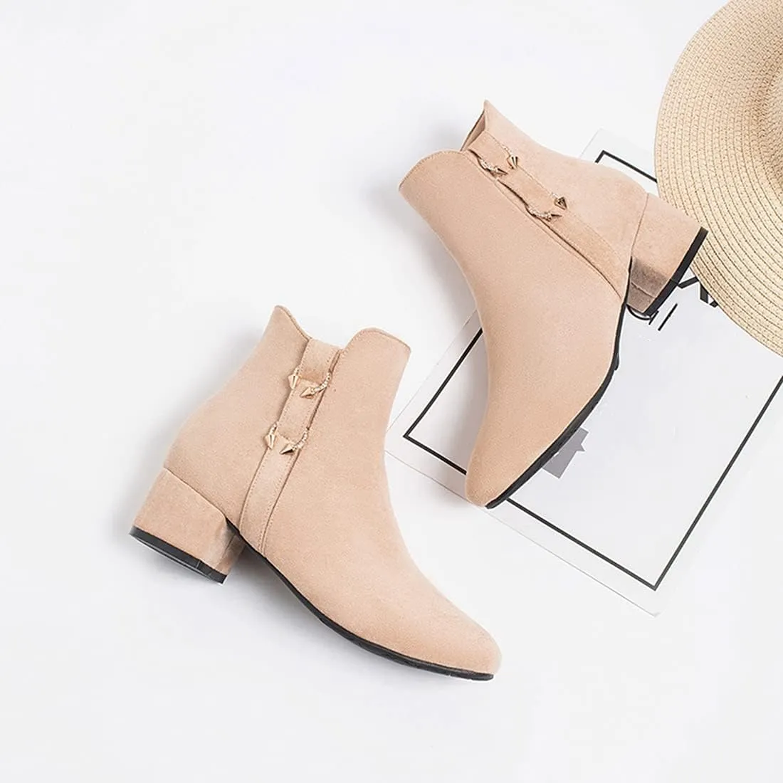 VOKLIN Women's Square Toe Elegant Dressy Ankle Boots Vegan Suede Zipper Block Low Heel Dress Short Booties