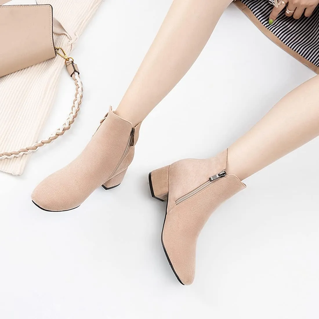 VOKLIN Women's Square Toe Elegant Dressy Ankle Boots Vegan Suede Zipper Block Low Heel Dress Short Booties