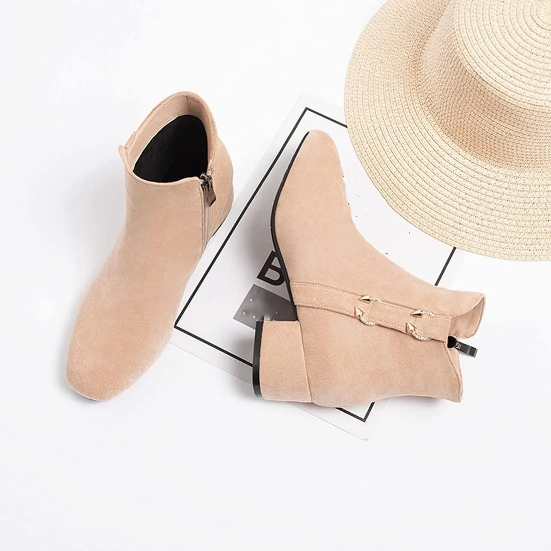 VOKLIN Women's Square Toe Elegant Dressy Ankle Boots Vegan Suede Zipper Block Low Heel Dress Short Booties