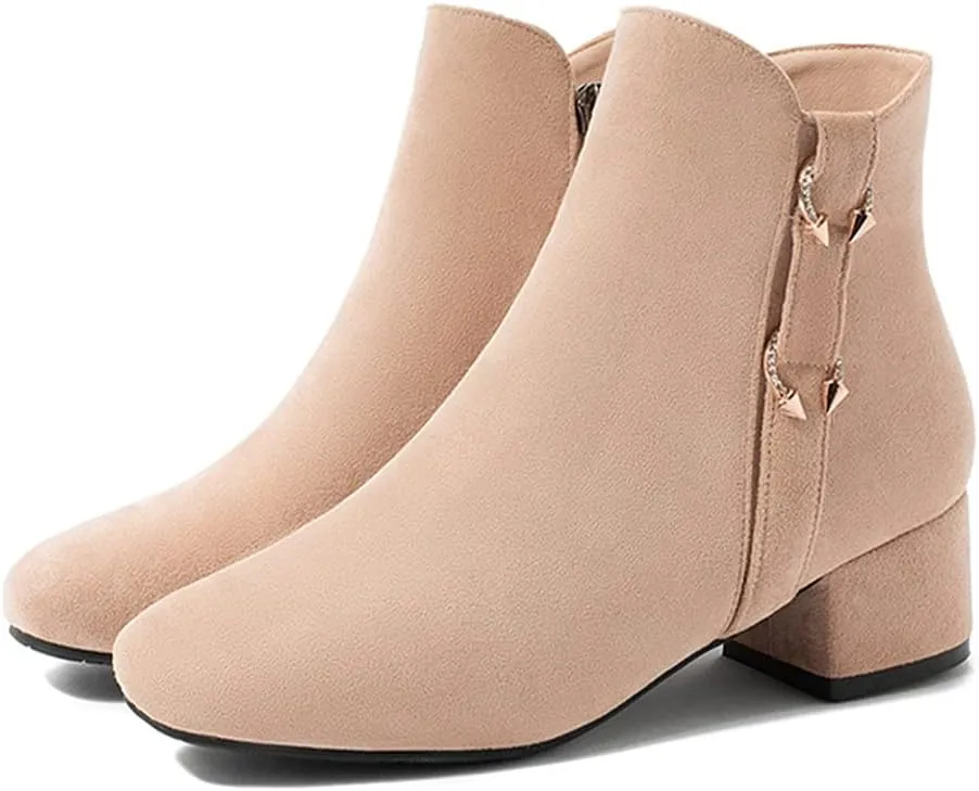 VOKLIN Women's Square Toe Elegant Dressy Ankle Boots Vegan Suede Zipper Block Low Heel Dress Short Booties