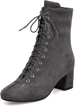 VOKLIN Women's Square Toe Lace Up Dressy Ankle Boots Side Zipper Block Mid Heel Elegant Dress Short Booties