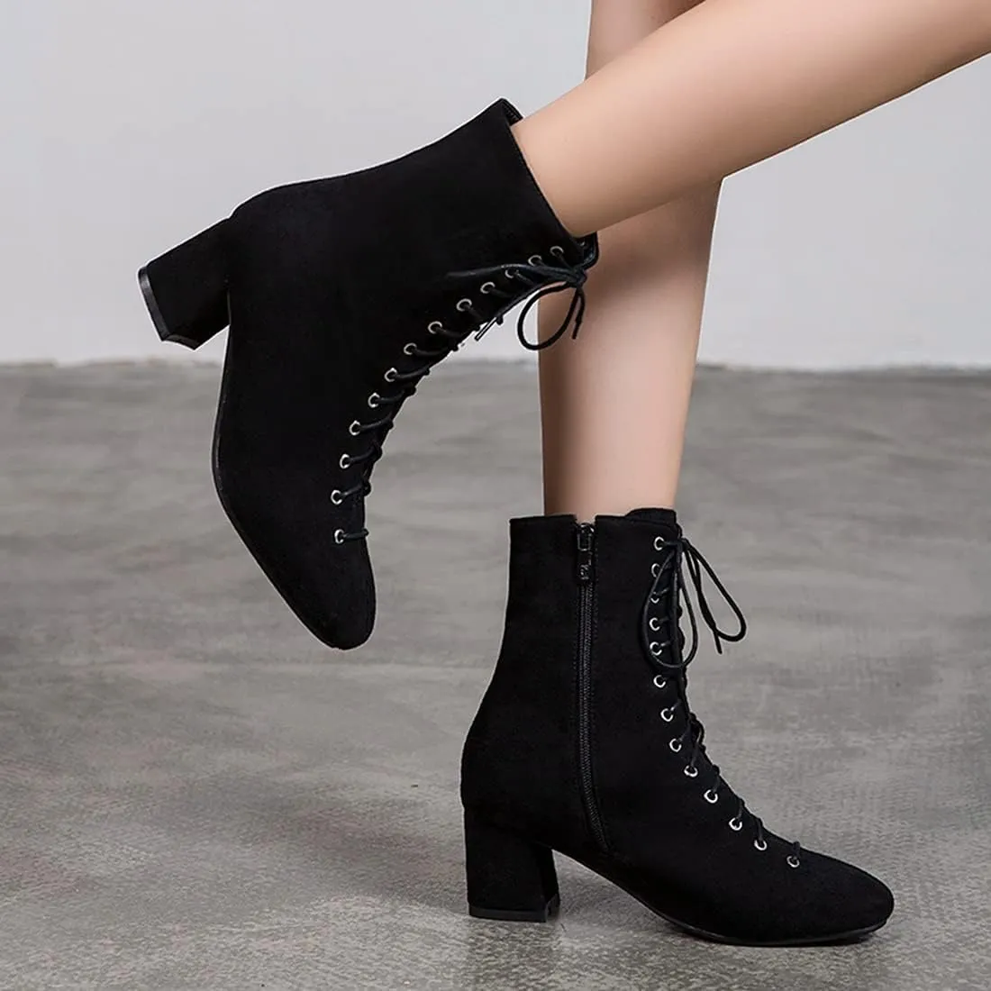 VOKLIN Women's Square Toe Lace Up Dressy Ankle Boots Side Zipper Block Mid Heel Elegant Dress Short Booties
