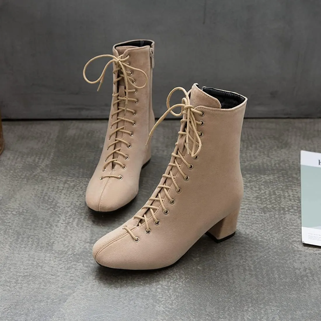VOKLIN Women's Square Toe Lace Up Dressy Ankle Boots Side Zipper Block Mid Heel Elegant Dress Short Booties