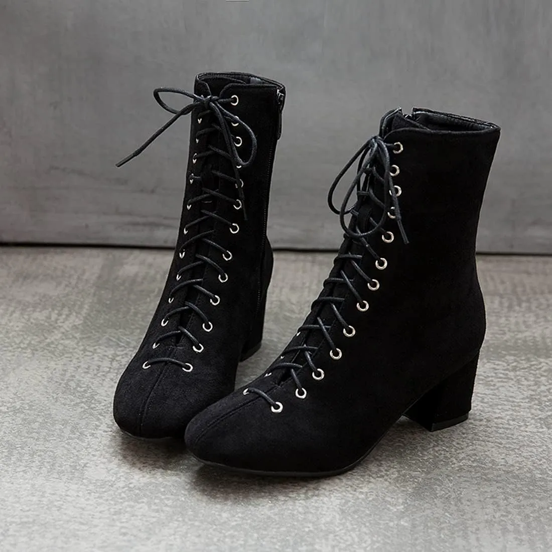 VOKLIN Women's Square Toe Lace Up Dressy Ankle Boots Side Zipper Block Mid Heel Elegant Dress Short Booties
