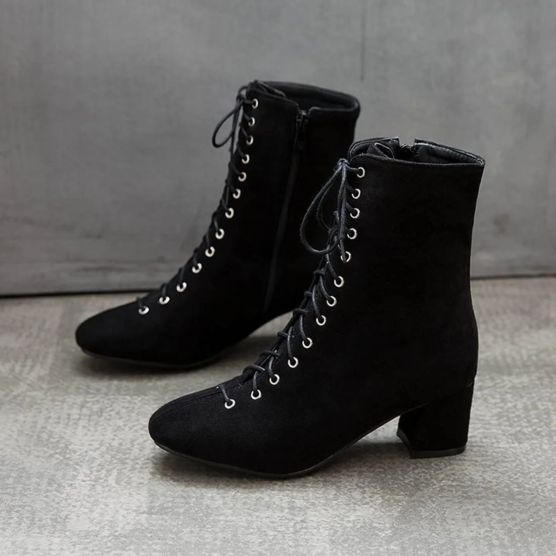 VOKLIN Women's Square Toe Lace Up Dressy Ankle Boots Side Zipper Block Mid Heel Elegant Dress Short Booties
