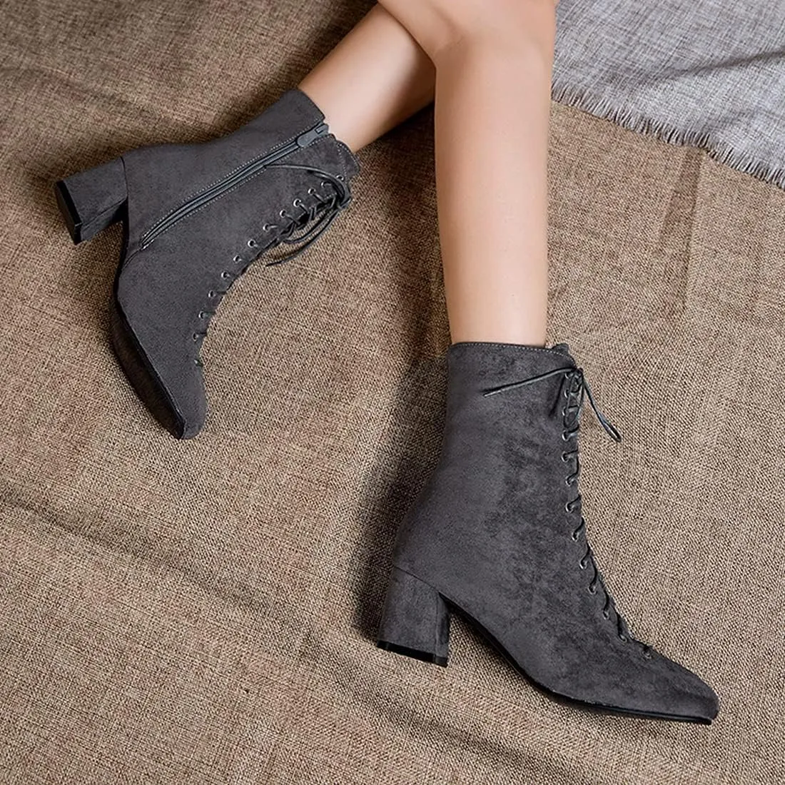 VOKLIN Women's Square Toe Lace Up Dressy Ankle Boots Side Zipper Block Mid Heel Elegant Dress Short Booties
