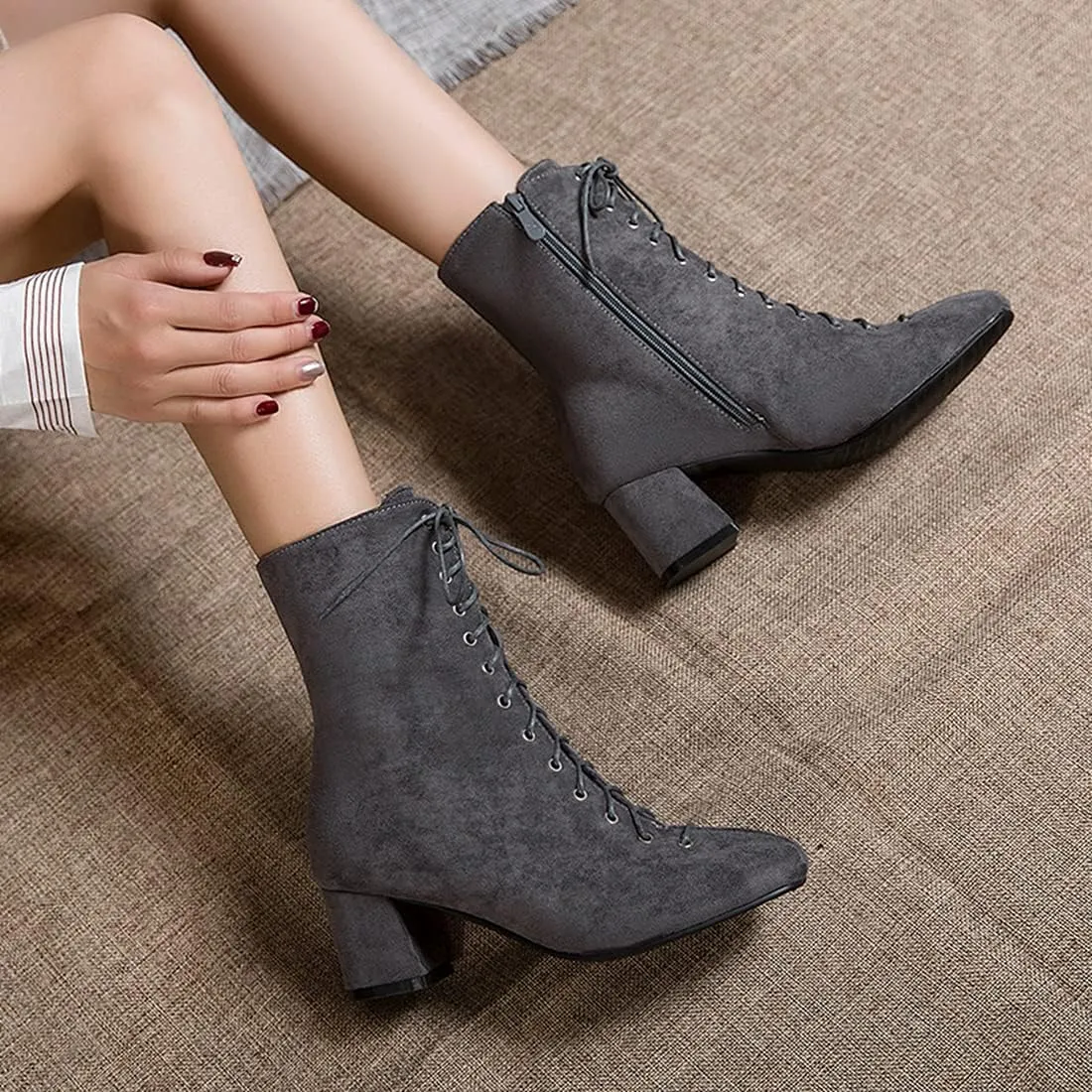 VOKLIN Women's Square Toe Lace Up Dressy Ankle Boots Side Zipper Block Mid Heel Elegant Dress Short Booties