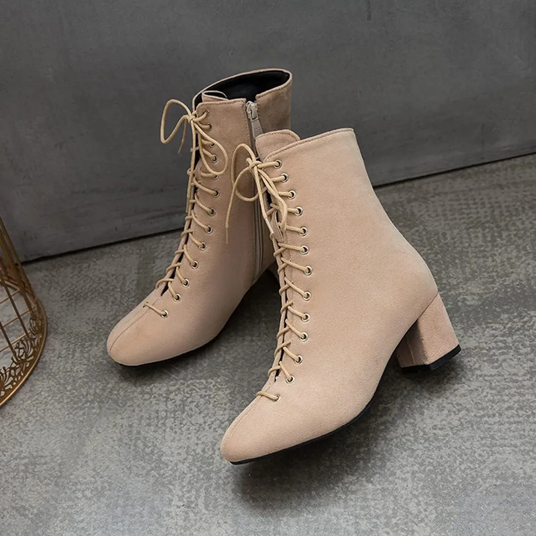 VOKLIN Women's Square Toe Lace Up Dressy Ankle Boots Side Zipper Block Mid Heel Elegant Dress Short Booties
