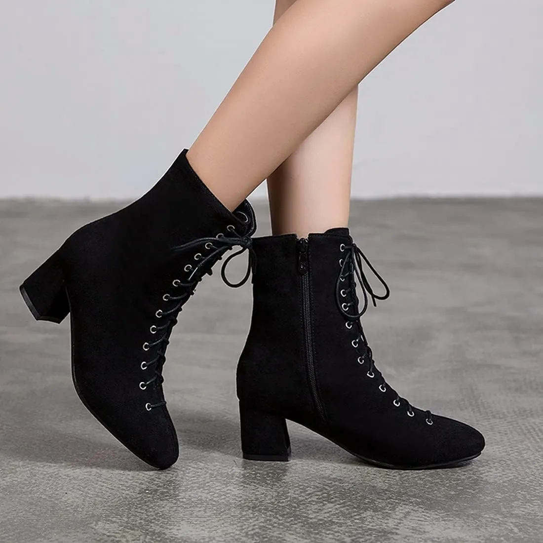 VOKLIN Women's Square Toe Lace Up Dressy Ankle Boots Side Zipper Block Mid Heel Elegant Dress Short Booties