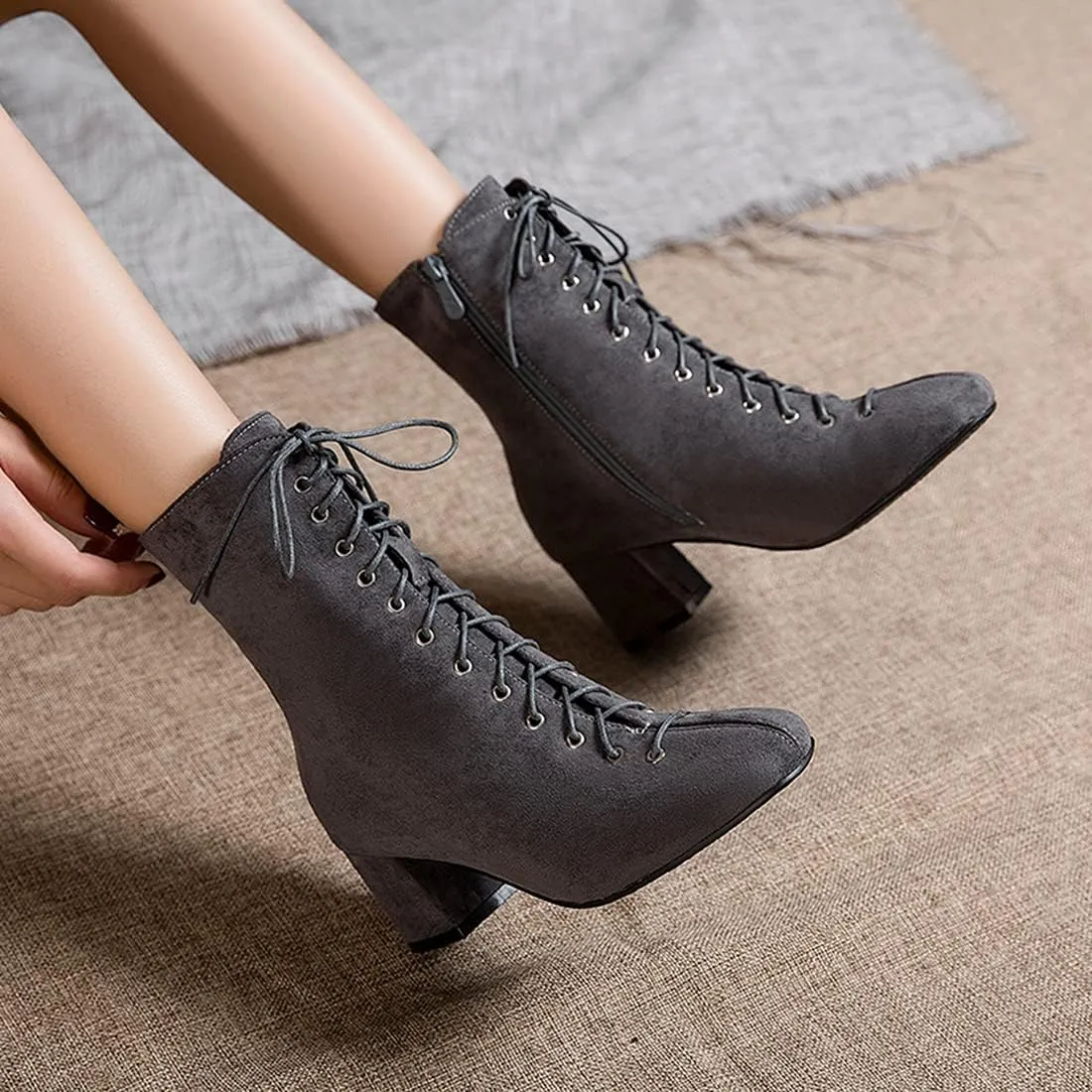 VOKLIN Women's Square Toe Lace Up Dressy Ankle Boots Side Zipper Block Mid Heel Elegant Dress Short Booties