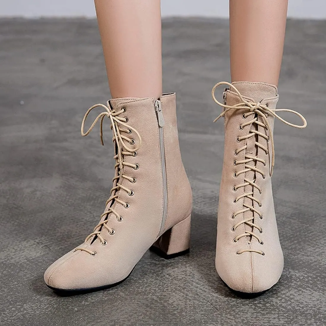 VOKLIN Women's Square Toe Lace Up Dressy Ankle Boots Side Zipper Block Mid Heel Elegant Dress Short Booties