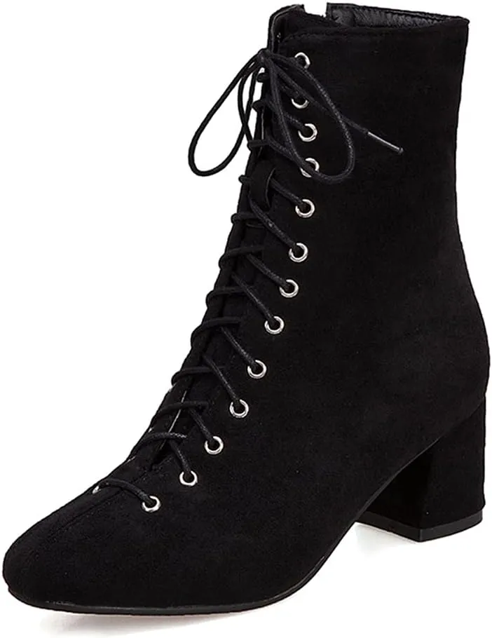 VOKLIN Women's Square Toe Lace Up Dressy Ankle Boots Side Zipper Block Mid Heel Elegant Dress Short Booties