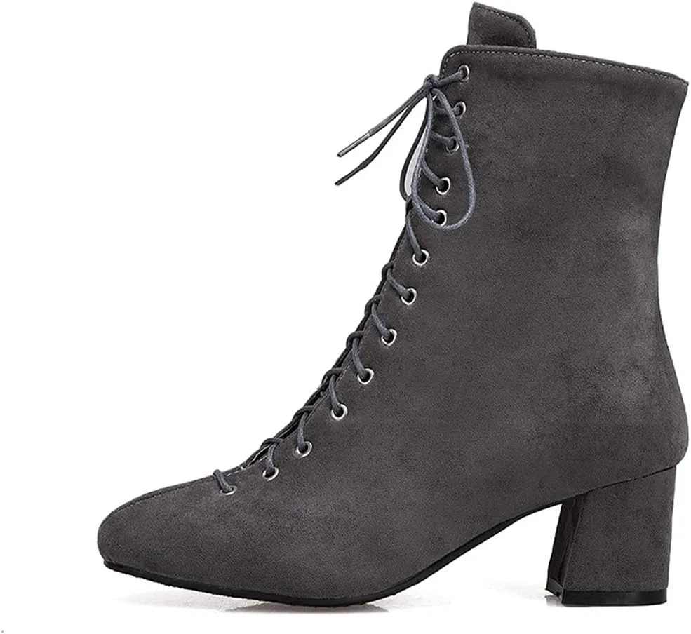 VOKLIN Women's Square Toe Lace Up Dressy Ankle Boots Side Zipper Block Mid Heel Elegant Dress Short Booties