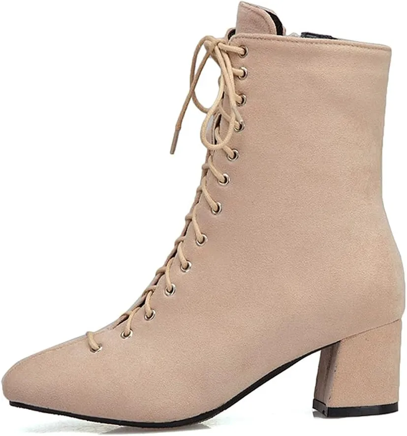 VOKLIN Women's Square Toe Lace Up Dressy Ankle Boots Side Zipper Block Mid Heel Elegant Dress Short Booties