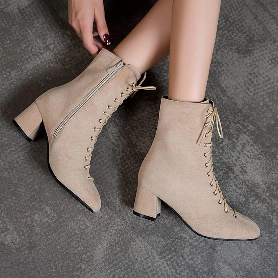 VOKLIN Women's Square Toe Lace Up Dressy Ankle Boots Side Zipper Block Mid Heel Elegant Dress Short Booties