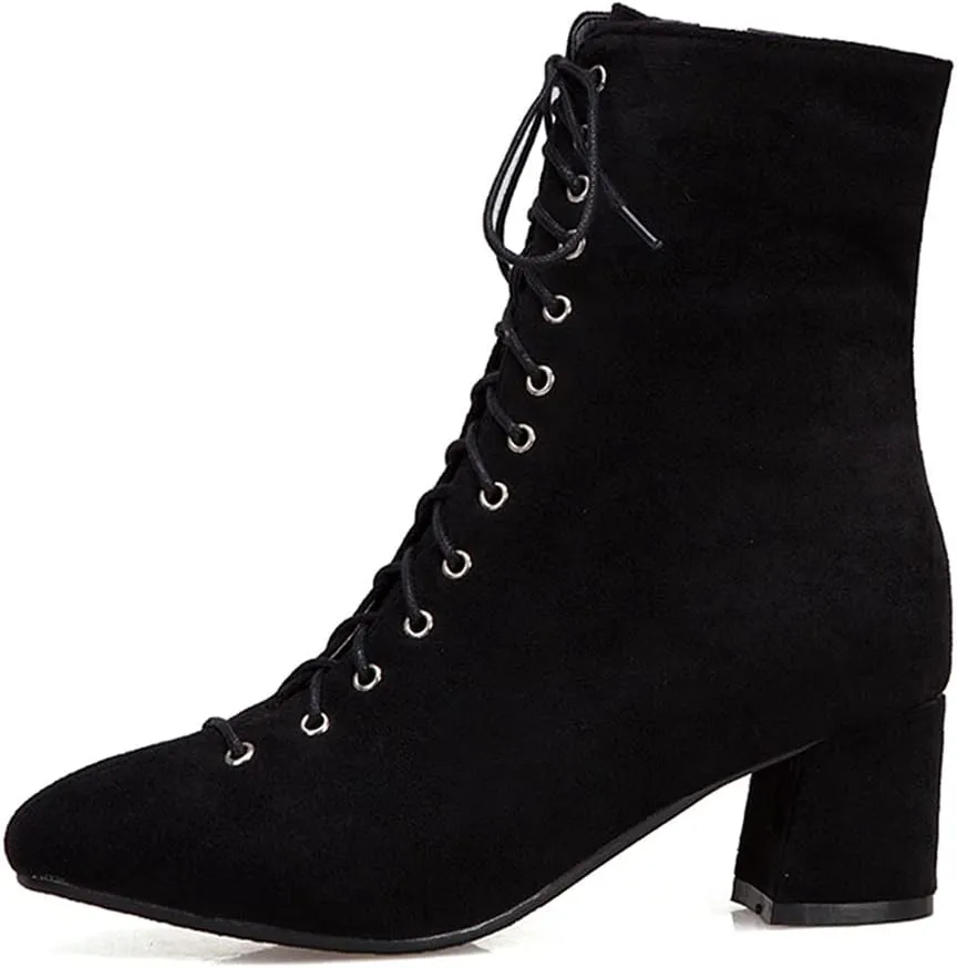 VOKLIN Women's Square Toe Lace Up Dressy Ankle Boots Side Zipper Block Mid Heel Elegant Dress Short Booties