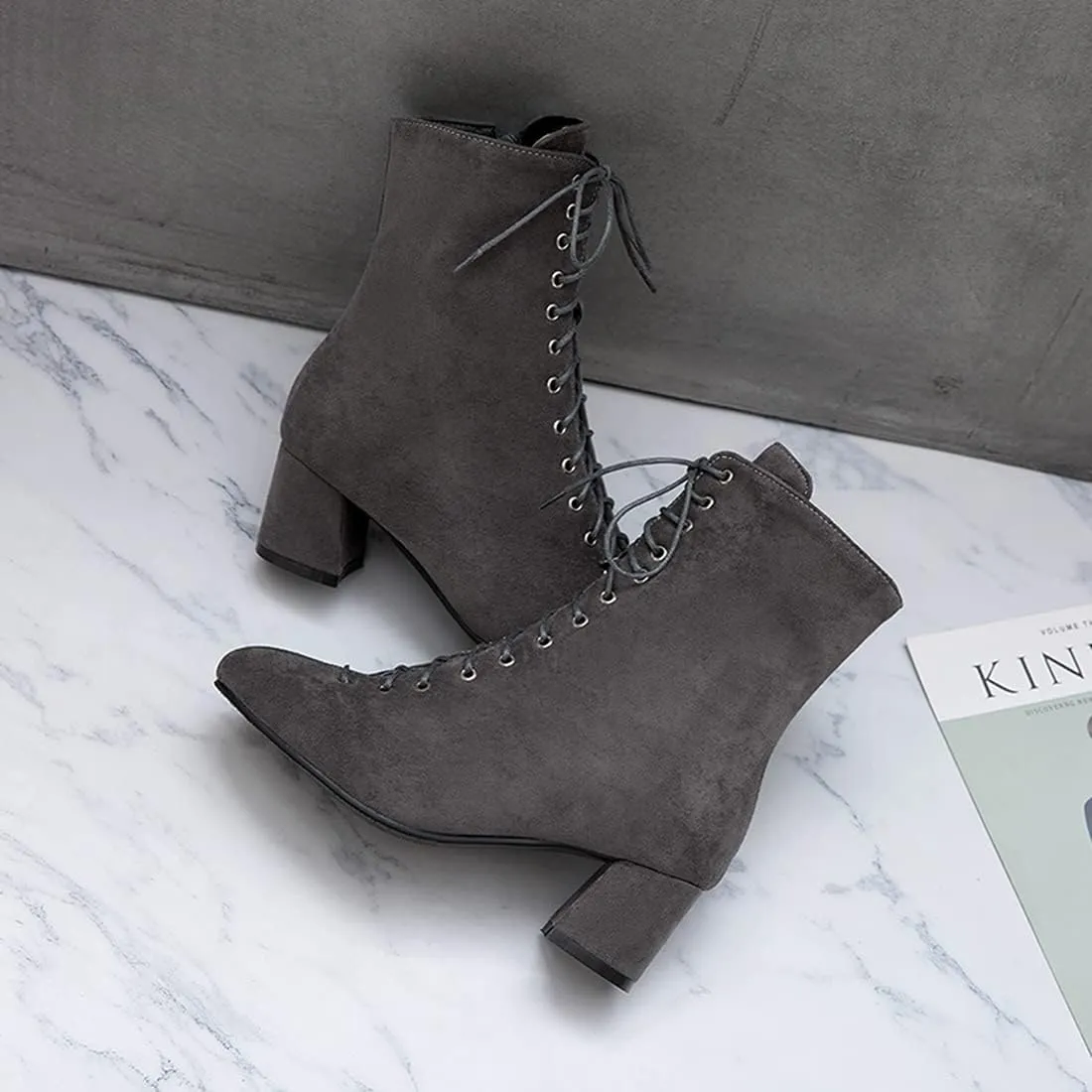 VOKLIN Women's Square Toe Lace Up Dressy Ankle Boots Side Zipper Block Mid Heel Elegant Dress Short Booties