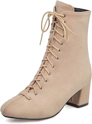 VOKLIN Women's Square Toe Lace Up Dressy Ankle Boots Side Zipper Block Mid Heel Elegant Dress Short Booties