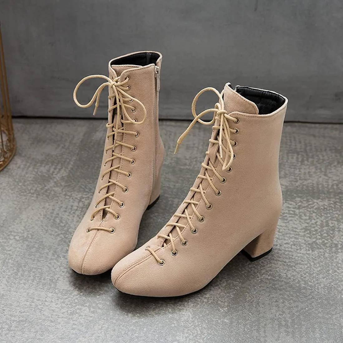 VOKLIN Women's Square Toe Lace Up Dressy Ankle Boots Side Zipper Block Mid Heel Elegant Dress Short Booties