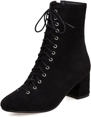 VOKLIN Women's Square Toe Lace Up Dressy Ankle Boots Side Zipper Block Mid Heel Elegant Dress Short Booties